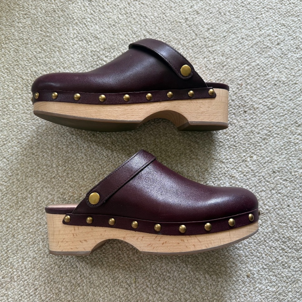 J. Crew Burgundy Leather Studded Wooden Clogs